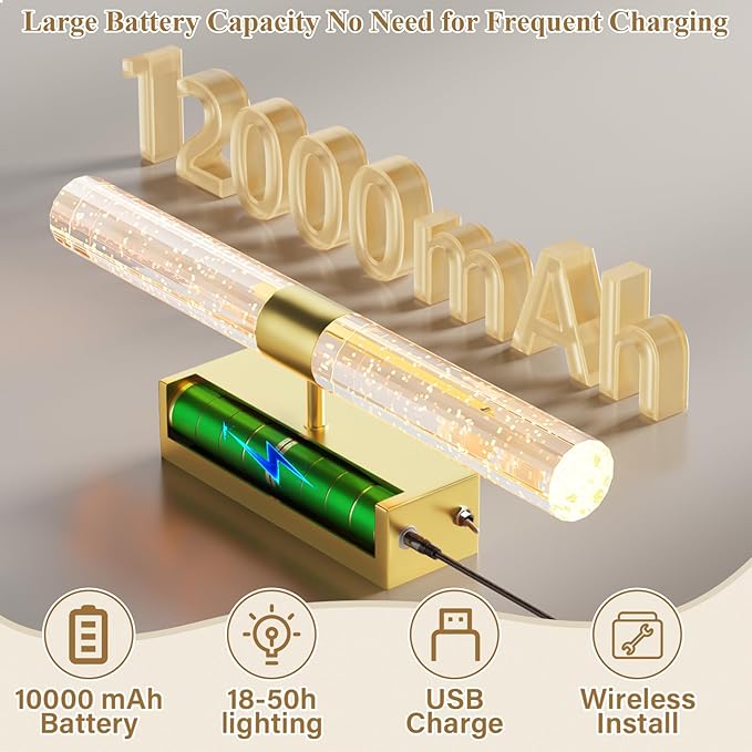 camuucci Battery Operated Gold Wall Sconces Set of 2 Rechargeable Battery Powered Wall Light with 12000mAh Not Hardwired Dimmable Wall Lamp Fixtures for Bedroom Living Room 20.9 Inches