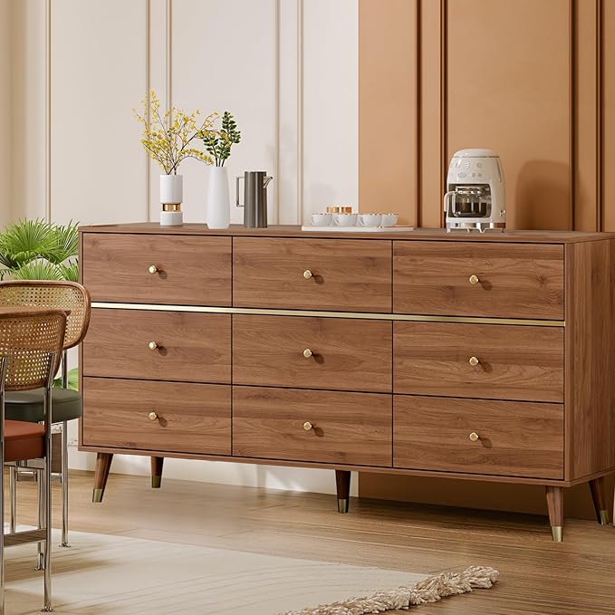 9 Drawer Dresser 63" Wide Mid Century Modern Chest of Drawers, Tan