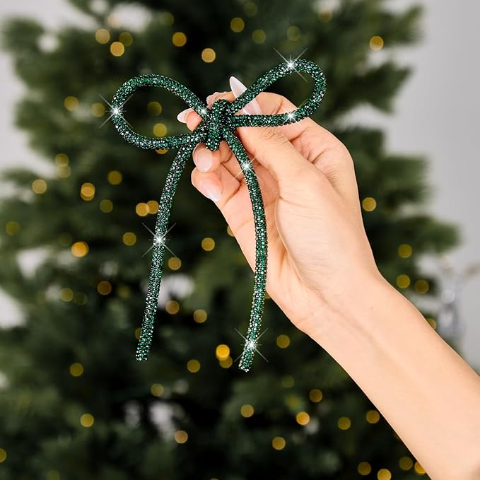 FLAIR GIFTS 6 Pcs 4.3" x 6" 2025 Christmas Bows for Tree Decor, Green Sparkly Glitter Rhinestone Bow Ornaments with Twist Tie for Xmas Decoration, Wreath, Garland, Gift Wrapping