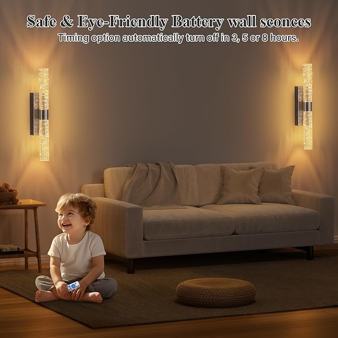 camuucci Battery Operated Black Wall Sconces Set of 2 Rechargeable Battery Powered Wall Light with 12000mAh Indoor Not Hardwired Dimmable Wall Lamp Fixtures for Bedroom Living Room 20.9 Inches