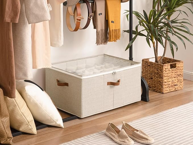 StorageWorks Shoe Organizer for Closet, Fits up to 24 Pairs, Shoe Cubby Storage Containers with Adjustable Dividers and Clear Cover, Mixing of Brown & Beige