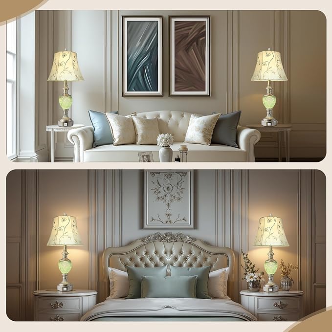 Table Lamp Set of 2 with Nightlight and USB A+C Ports, 27'' High Vintage Table Lamps with Silver Leaf Finish and Embroidered Shade, Nightstand Lamps Decor for Bedroom Living Room Home Office