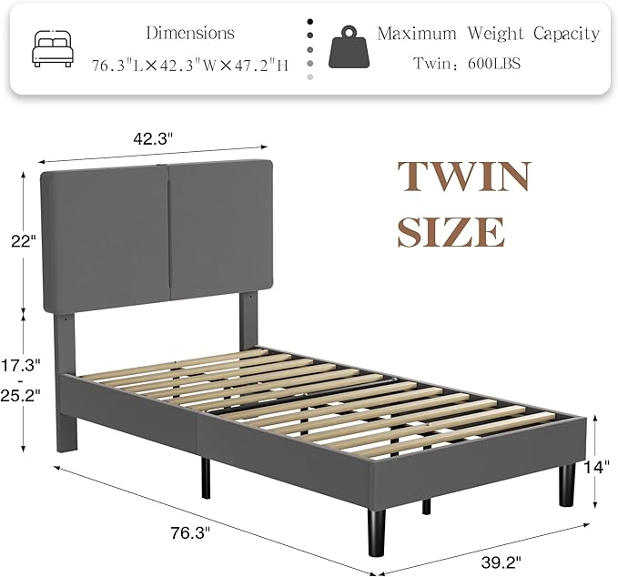 VECELO Twin Bed Frame with Type-C & USB Ports,Upholstered Platform Height-Adjustable Cotton and Linen Headboard,No Box Spring Needed, Noise-Free, Easy Assembly, Dark Grey