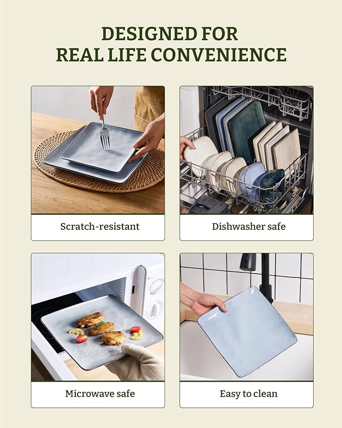 Famiware Dinnerware Sets for 8, Ocean Square 24-Piece Kitchen Plates and Bowls Sets, Microwave and Dishwasher Safe, Scratch Resistant, Grey