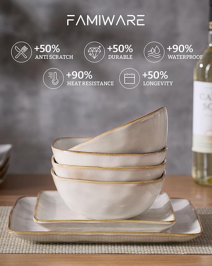 Famiware Dinnerware Sets for 4, Ocean Square 12-Piece Kitchen Plates and Bowls Sets, Reactive Glaze, Microwave and Dishwasher Safe, Scratch Resistant, Cappuccino White