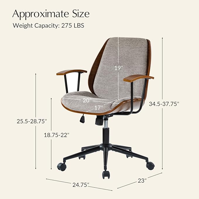 HULALA HOME Solid Wood Office Chair with Rocking Function, Comfy Fabric Desk Chair with Bent Wood and Metal Base, Height Adjustable Swivel Computer Task Chair, Tan