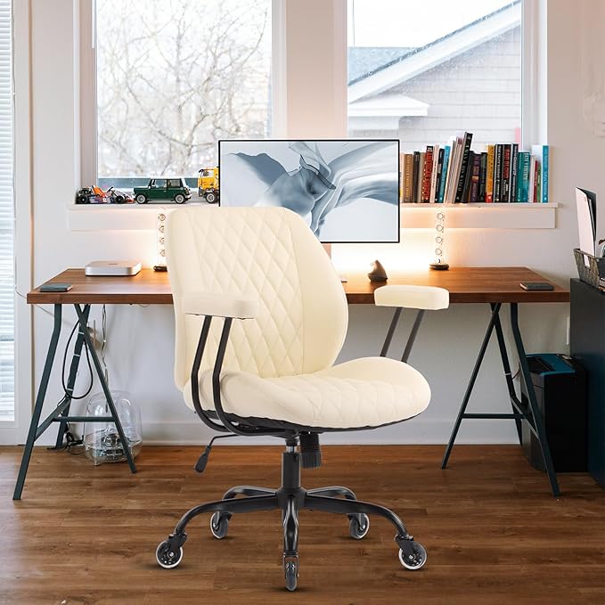 YFO Home Office Chair Office Rubber Casters Ergonomic Computer Chair with Lumbar Support Adjustable Height Rolling Swivel Executive Task Armrests Chair๏ผ Cream Leather