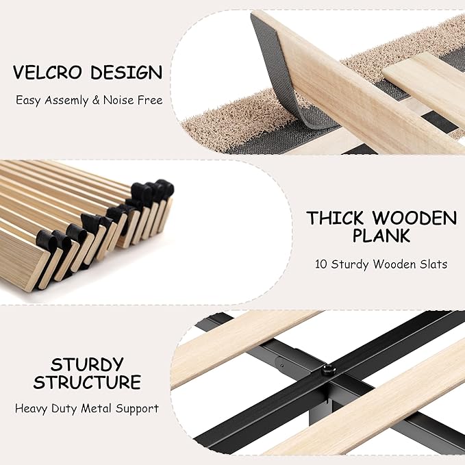 Queen Size Boucle Bed Frame, Cloud Upholstered Platform Bed with Height Adjustable Headboard & Soft Rounded Corners, No Box Spring Needed, Noise Free, Easy Assembly, Camel