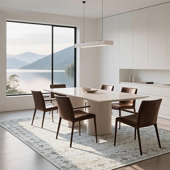 Washable Rugs 8x10 Area Rugs for Living Room,Rugs for Bedroom,Large Carpets,Ultra Soft Faux Wool Retro Dining Room Rug,Non Slip&Non-Shedding Low Pile Vintage Print Rug for Home Office-Beige