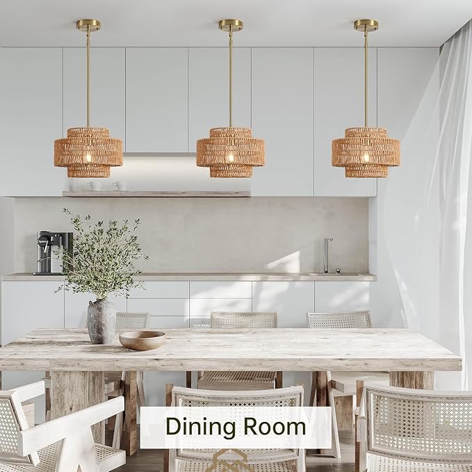 12.4” Boho Rattan Chandelier Light Fixture, 1-Light Hand Woven Pendant Light Fixture Farmhouse Rustic Hanging Lamp for Kitchen Island Bedroom, Dining Room, Living Room, Entryway, Foyer