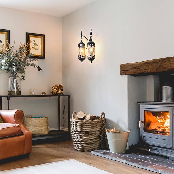 Rustic Wall Sconce with Amber Glass Vintage 2-Lights Antique Gothic Wall Light Fixture Retro Farmhouse Mid Centry Lantern Wall Sconce for Bedroom, Living Room, Mirror, Black, E12