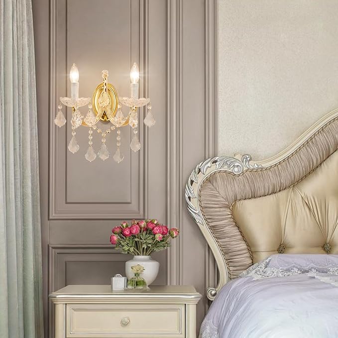 Crystal Wall Sconce Lighting, 2-Light Modern Crystal Wall Light Fixture Bathroom Maria Theresa Wall Lamp Light Fixtures for Living Room Wall Sconce Light Wall Mounted Lamp Indoor