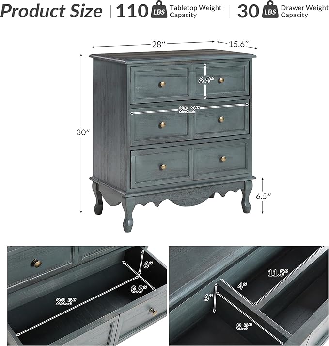 HULALA HOME 3 Drawer Nightstand with Charging Station Drawer Organizer with Wood Legs Farmhouse Solid Wood, Blue