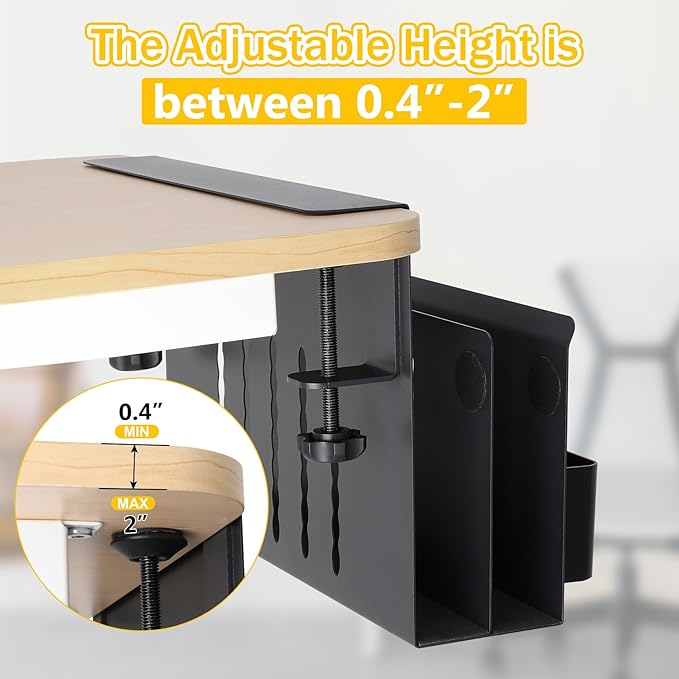 2 TIER Desk Side Storage Upgraded Under Desk Organizer, No Drill Hanging Laptop Holder Under Desk, Clamp-On Table Side Steel Desktop Organization for Office and Home (Black)