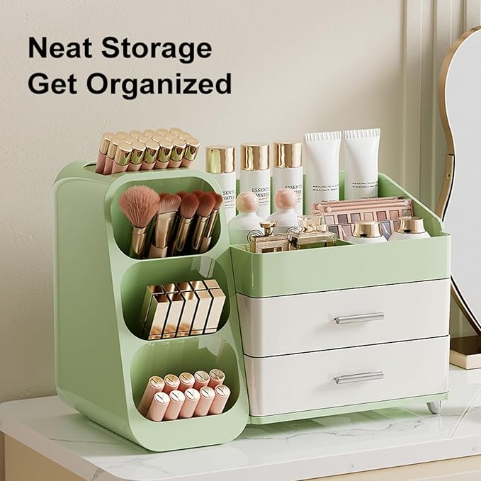 Makeup Organizer with Drawers for Vanity,Spacious Cosmetic Display Case,Perfect Storage Solution for Your Beauty Essential (Green and Cream)