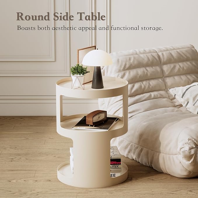 XIV Side Table, Round End Table, Modern Nightstand, Metal Accent Table, Small Bed Side Table for Living Room Bedroom, Bedside Table, Night Stand, No Assembly Required (Off White, Round)