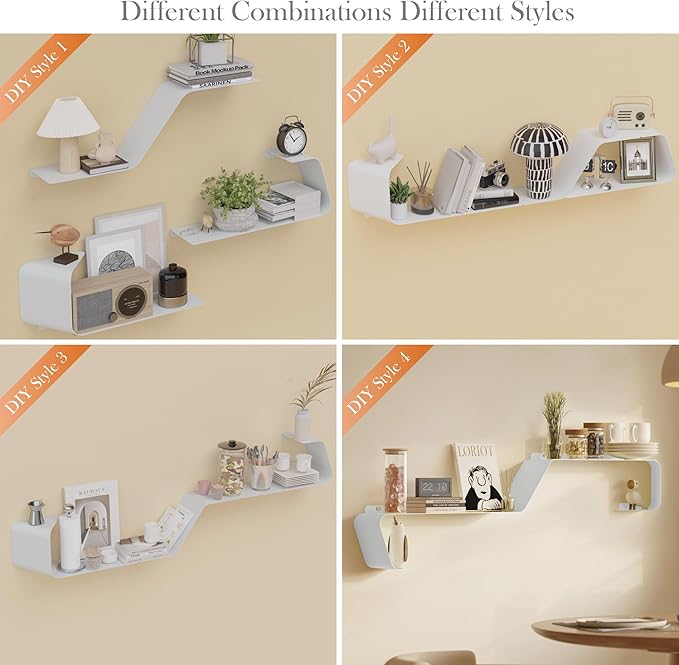 Floating Shelves - Set of 3 Wall Mounted Metal Shelves with Unique Design for Wall Storage, Book Shelf, Display Shelves for Bathroom, Bedroom, Kitchen, Living Room, White