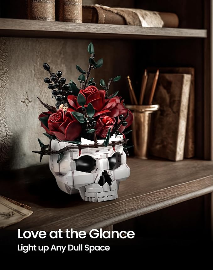 iATOM Halloween Skull Rose Bouquet Building Set, Compatible with Lego Flowers for Adult - Gothic Horror Skeleton Plant Pot Home Decor - Artificial Flower Botanical Collection Gifts, IA11008