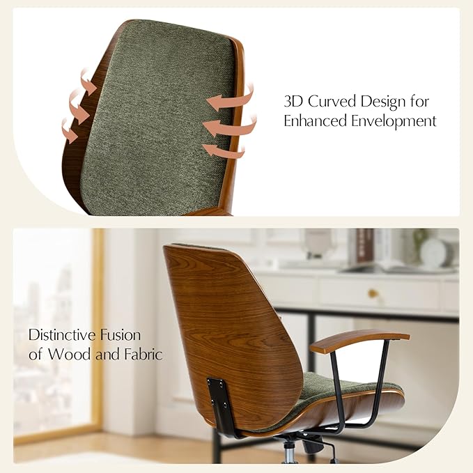 HULALA HOME Solid Wood Office Chair with Rocking Function, Comfy Fabric Desk Chair with Bent Wood and Metal Base, Height Adjustable Swivel Computer Task Chair, Green