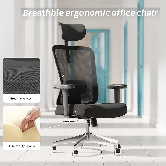 Ergonomic Office Chair with Adjustable Lumbar Support & Flip-Up Armrests - High Back Desk Chair with Thickened Seat Cushion, Rolling Wheels for Home/Office Study Work (05black)