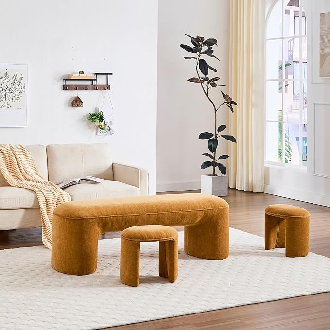 3-Piece Nesting Upholstered Bench with 2 Stools, 53" Chenille Accent Chair Waterfall Bench Modern End of Bed Entryway Bench Bedroom Bench for Living Room Vanity, Burnt Orange, No Need to Install
