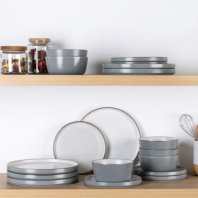 AmorArc Dinnerware Sets of 4, 12 Piece Plates and Bowls Set, Chip and Crack Resistant, Dishwasher & Microwave Safe Ceramic Dishes Set