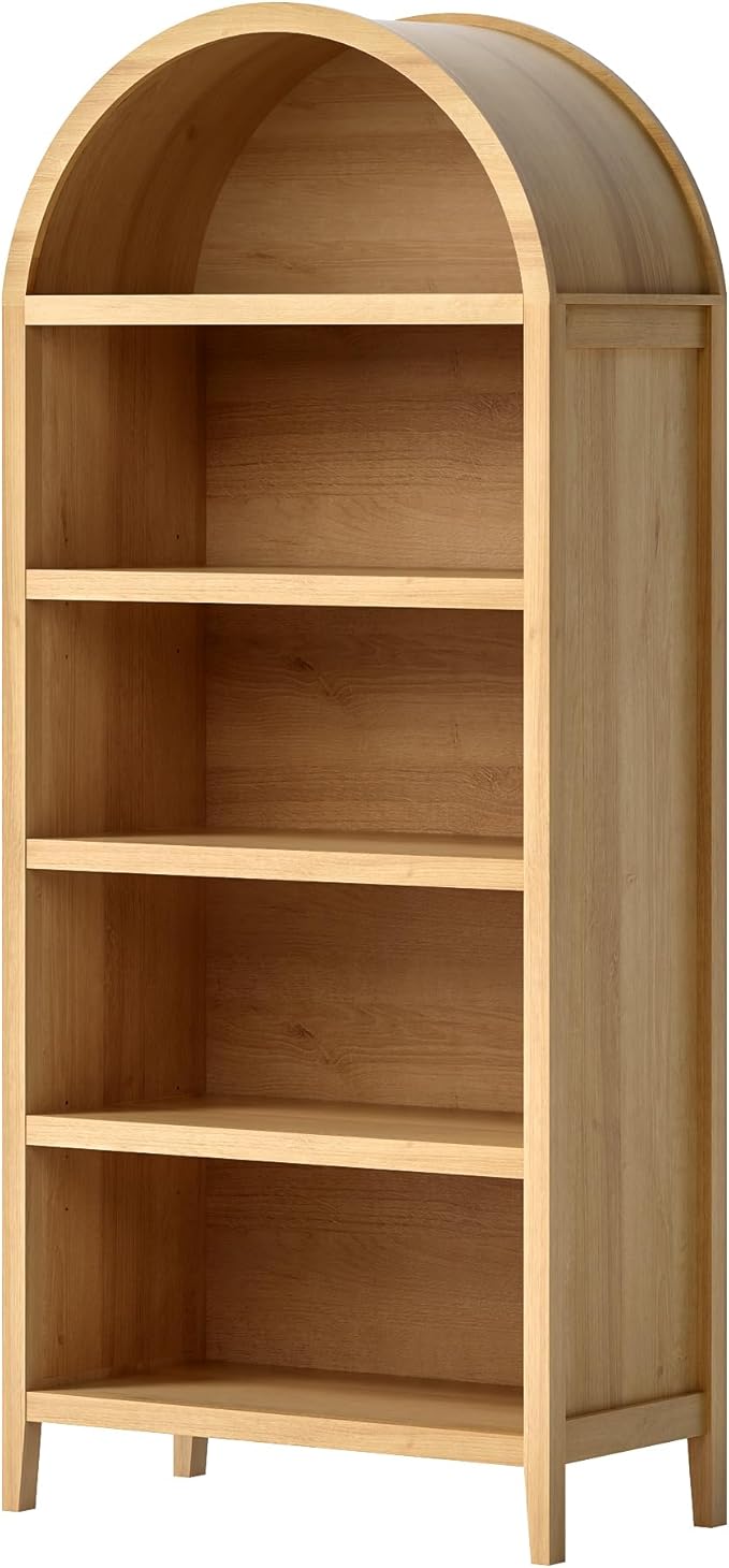 5 Tier Arched Bookshelf, 71" Tall Bookcase with Adjustable Shelves Wood Storage Cabinet Freestanding Display Kitchen Pantry for Living Room Bedroom Home Office, Natural Oak