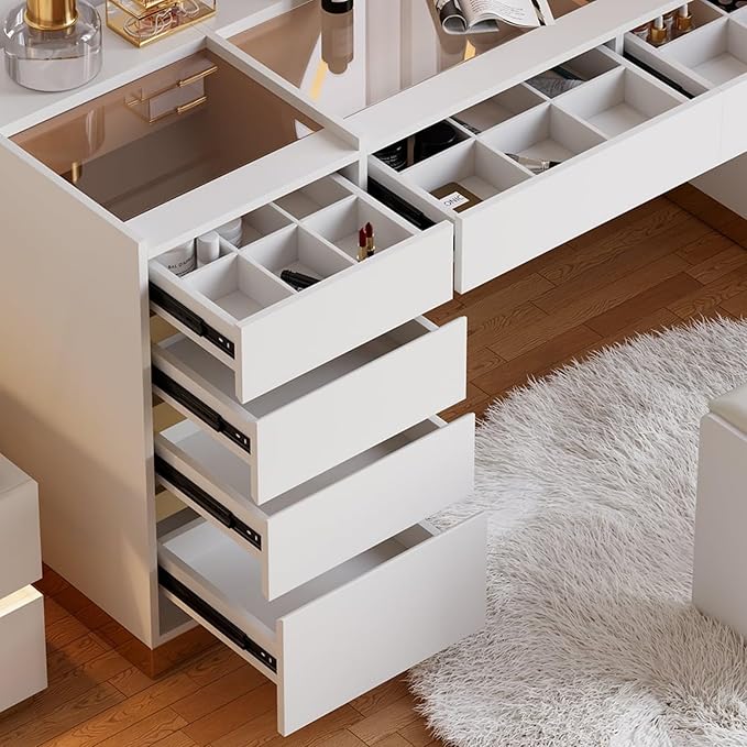 homary Vanity Desk Set with LED Looking Glass, Makeup Vanity with Power Outlet and Tempered Glass Top, Makeup Table with 6 Drawers, 3 Lighting Modes Vanity Table with Chair for Bedroom (White)