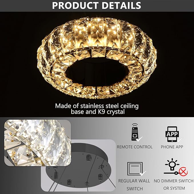 8" Ring Modern LED Dimmable Crystal Chandelier Adjustable Height Pendant Light Round Crystal Chandelier Light Fixtures for Dining Room Living Room Kitchen Island Black