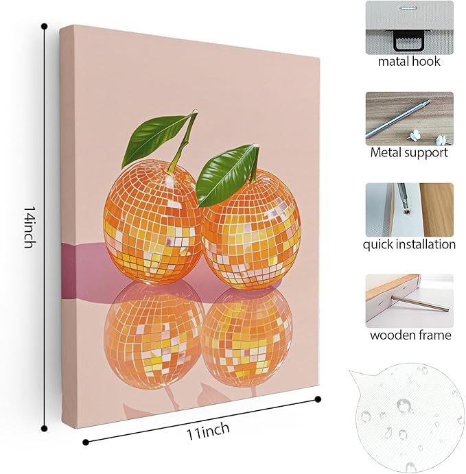 APJYM Funky Y2K Disco Ball Orange Wall Art, Trendy Retro 70s Preppy Pink Girly Orange Aesthetic Canvas Wall Art for Girls Room Bedroom Dorm Apartment Decor, 11x14 Inches Framed