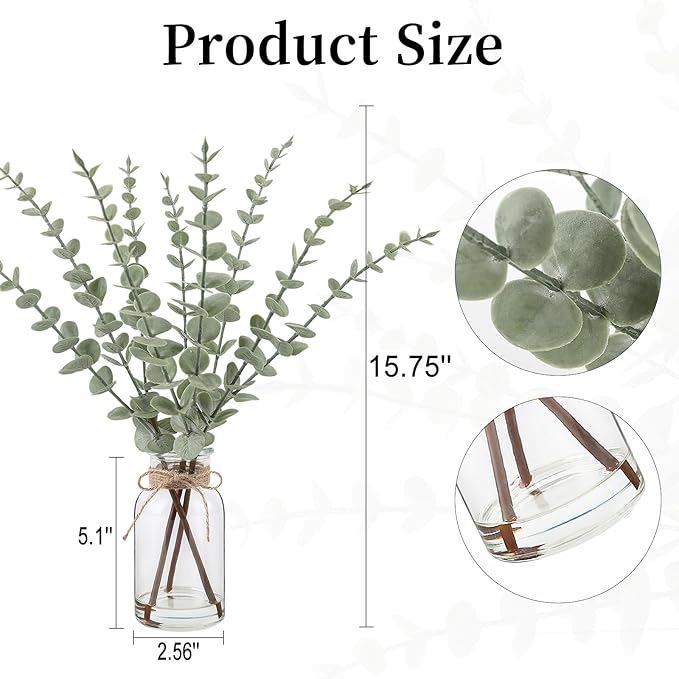Artificial Eucalyptus Stems in Glass Vase with Faux Water,15.75" Fake Plants for Home Decor Office Bathroom & Farmhouse Weddings - Faux Greenery Plants Decorations