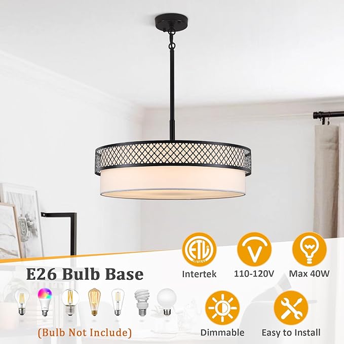 21.5" Drum Black Chandelier for Dining Room 5-Light Modern Farmhouse Chandeliers White Fabric Drum Pendant Light Fixture Large Hanging Lighting for Living Room Bedroom Kitchen Foyer Over Table, E26