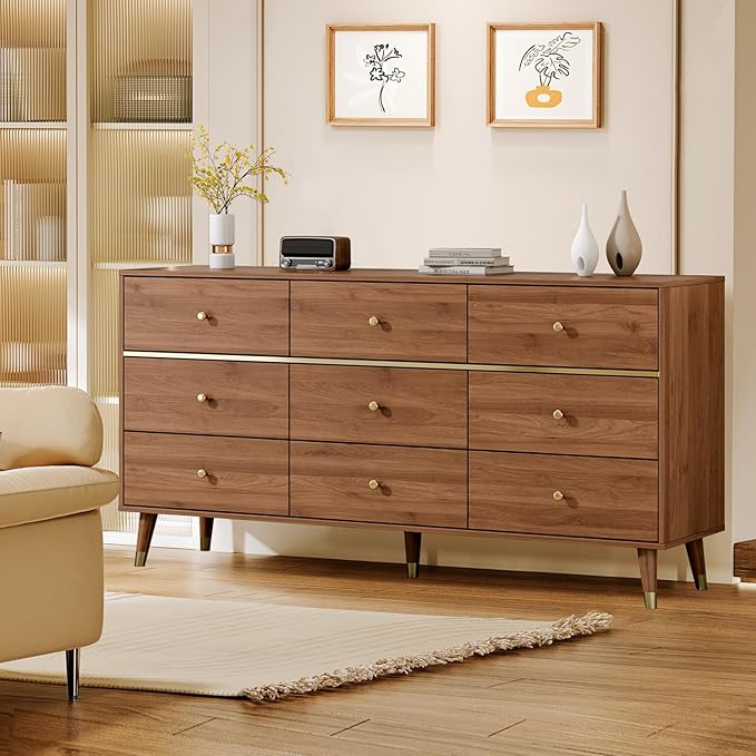 9 Drawer Dresser 63" Wide Mid Century Modern Chest of Drawers, Tan