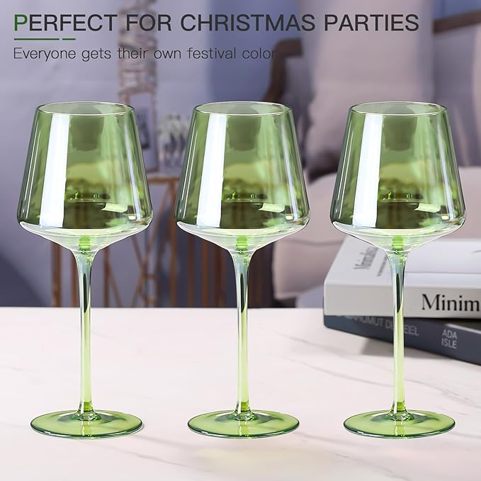 Physkoa Green Wine Glasses Set of 6-16oz Hand-Blown Green Wine Glass with Long Stem, Unique Red & White Wine Glasses For Party Home Bar Christmas