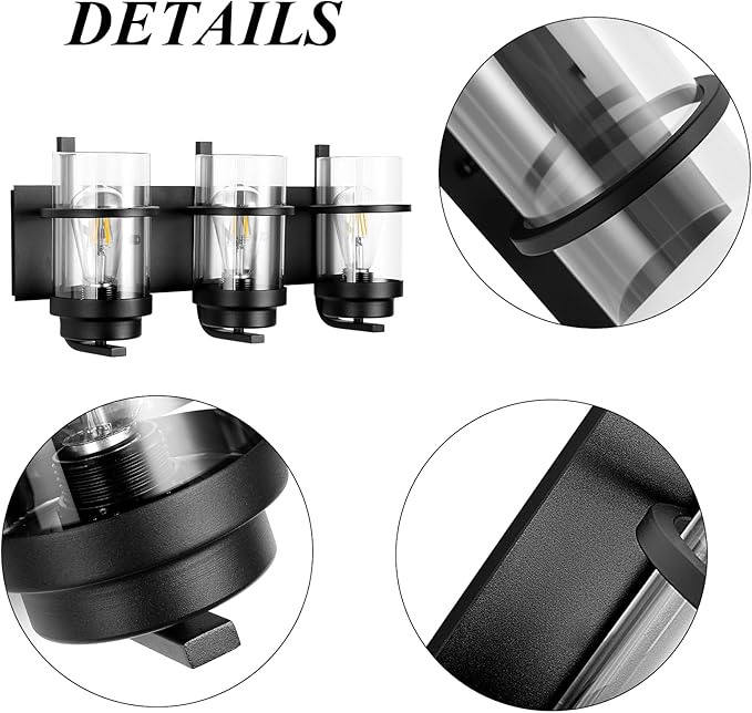 Bathroom Vanity Light Fixtures,Rustic Matte Black Vanity Lights 3 Bulb,Industrial Bathroom Light 3 Pack Sconce(Bulbs not Included)