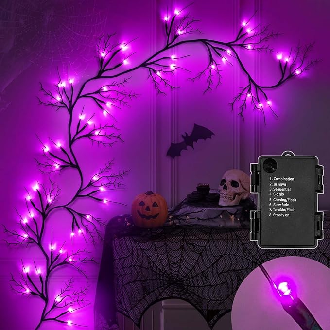 6 Ft 54 LED Halloween Willow Vine Twig Decor Garland with 8 Modes Timer Waterproof Battery Operated Scary Halloween Decorations for Home Wall Mantle Fireplace Decor