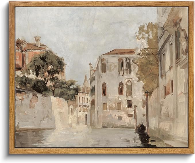 KBKBART Vintage Wall Art, Retro Neutral Italy Wall Art Framed Canvas Art Prints Venice Canva Painting Farmhouse Decor, Rustic Impressionism Scenic Landscape Wall Decor for Bathroom, Bedroom Living Room, Vintage Wall Decor(16"x24")