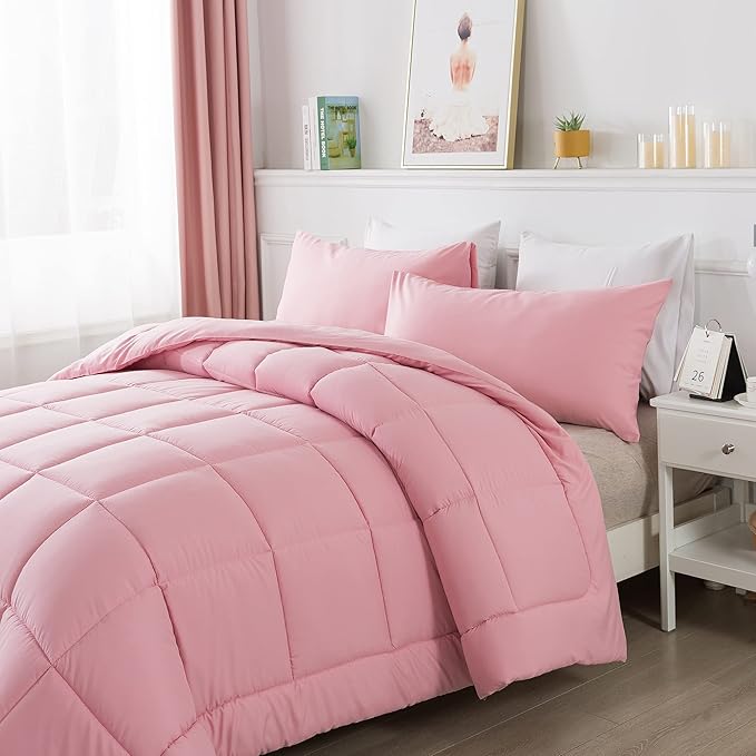 DOWNCOOL King Size Comforter Set -All Season Bedding Comforters Sets with 2 Pillow Cases -3 Pieces Bed Set Down Alternative King Bedding Set -Pink King Comforter Set(102"x90")