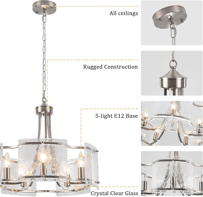 Modern Textured Glass Chandelier for Dining Room, 5-Light Brushed Nickel Crystal Chandeliers Light Fixture, Drum Round Rustic Farmhouse Chandelier for Kitchen Island Bedroom Living room Foyer,E12