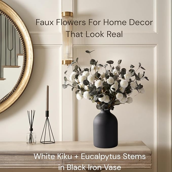 White Faux Flowers for Vase - Kiku 10 Stems & Eucalyptus, Fake Flowers Stems for Pottery Vase, Realistic Artificial Flowers, Pom Pom Balls for Aesthetic Room Decor, Floral Arrangements Centerpiece