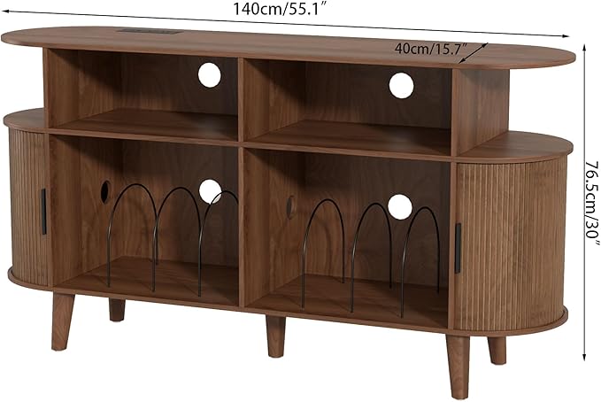 Large Round Record Player Stand with Charging Station & USB Ports,Record Storage Cabinet, Mid Century Modern Turntable Stand Console for Bedroom Living Room (Walnut)