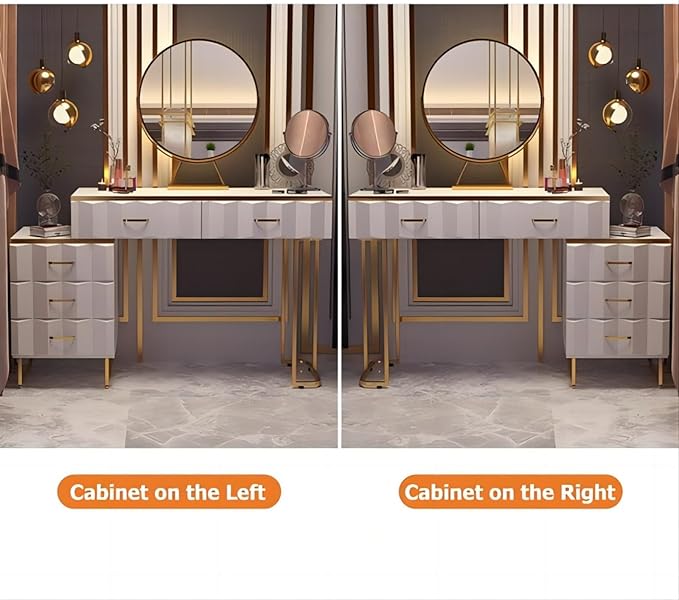 Modern White Extendable Makeup Vanity 5 Drawers Dressing Table Set with Stool and Looking Glass