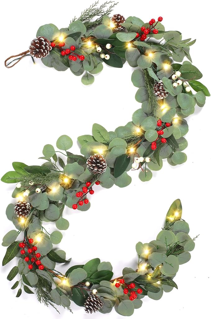 Alupssuc Guirnalda de Navidad de eucalipto artificial preiluminada de 6 pies, Christmas luces multicolores/funciona con pilas, guirnalda sintética iluminada para manto, mesa, escaleras, barandilla, decoración