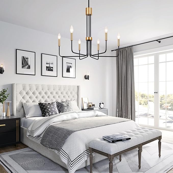 Modern Black and Gold Chandelier,6-Light Farmhouse Chandelier for Dining Room Light Fixtures Ceiling Hanging Industrial Chandelier Light Fixture for Kitchen Living Room Bedroom Entryway