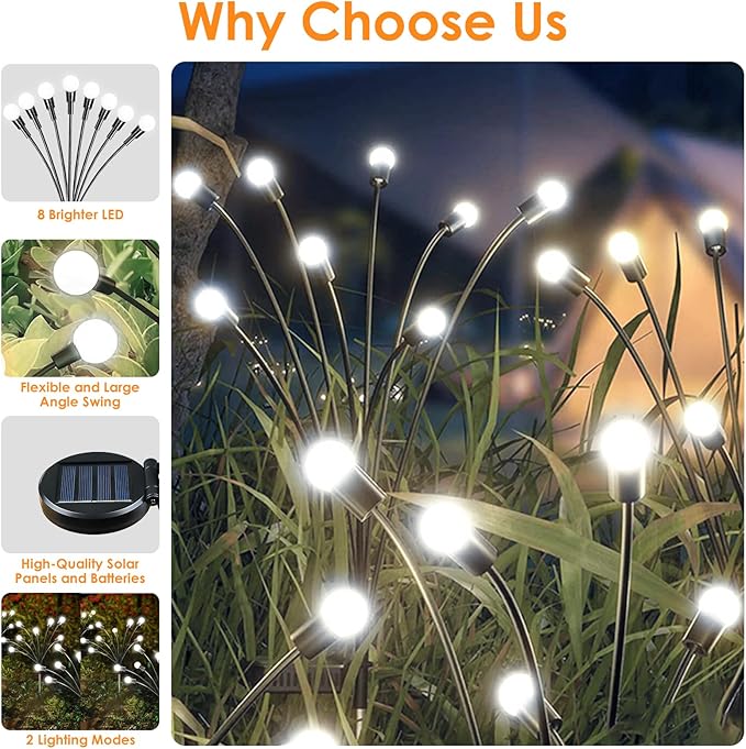 Solar Garden Lights, 8 Pack 64LED Solar Firefly Lights, Waterproof Garden Light Outdoor with 2 Lighting Modes, Swaying Light for Outside Yard, Walkway, Patio, Lawn, Flower Bed Decoration (Cool White)