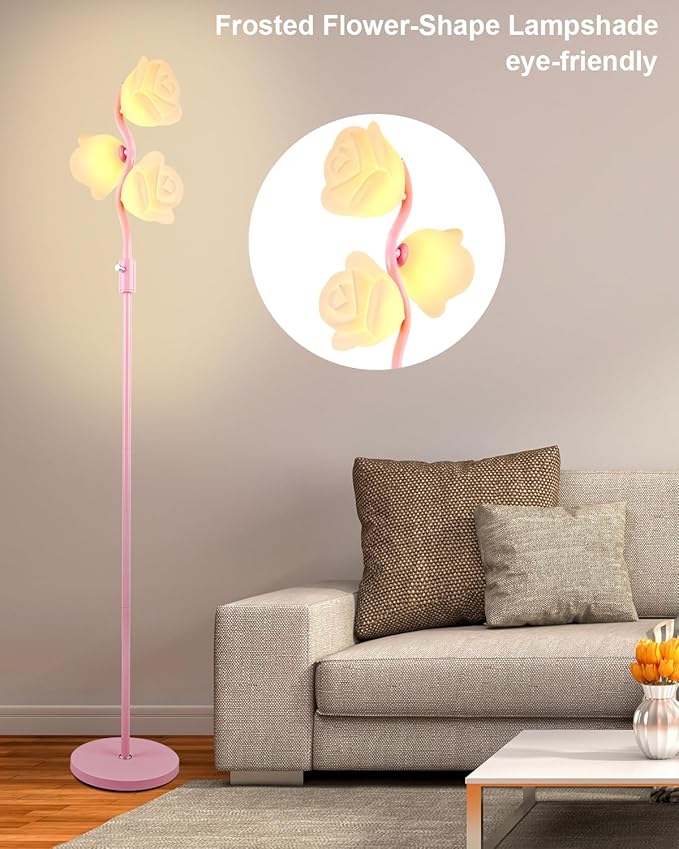 Dimmable Pink Floor Lamp, Unique Cute Flower Standing Lamps with 3 Globe Soft Warm White 3000K Bulbs, Mid Century Modern Floor Lamp for Living Room Bedroom Home Decor