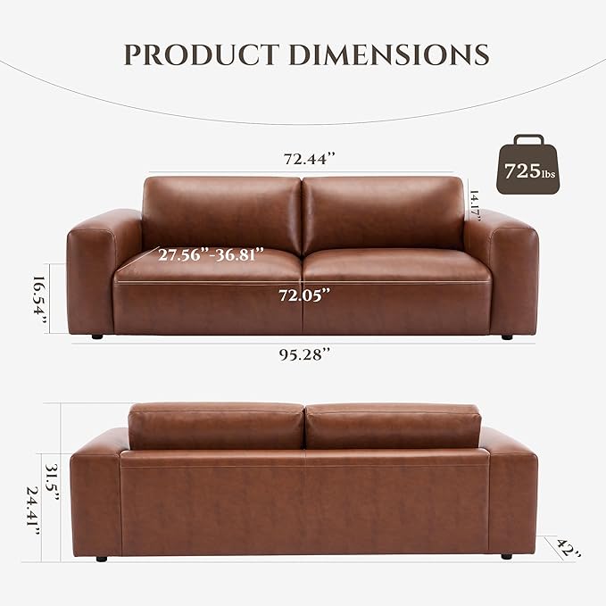 COLAMY 95" Oversized PU Leather Sofa, Comfy Sofa Couch with Extra Deep Seats, Wide Arm, Down Filled 3-Seater Modern Sofa for Living Room, Apartment Lounge-Auburn