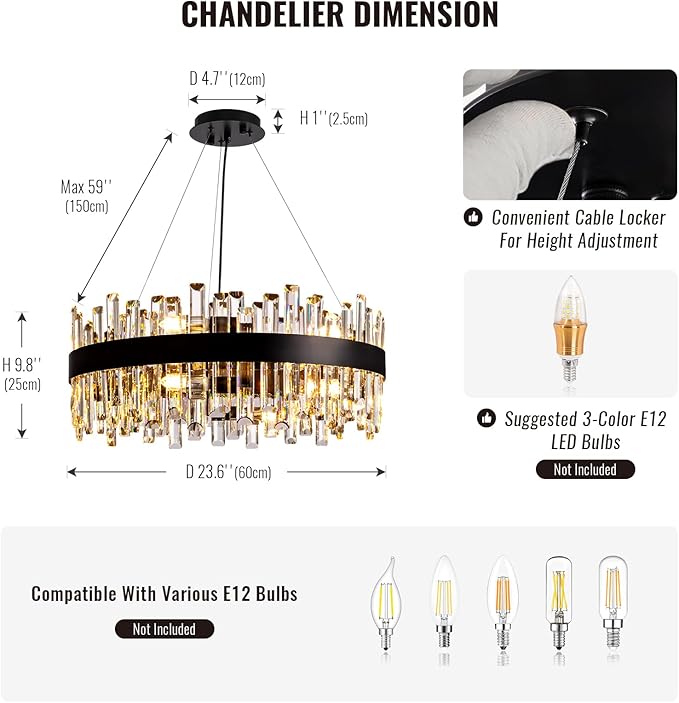 Siljoy 23.6'' Modern Crystal Chandelier, Luxury 2-Tiers Raindrop K9 Crystal Adjustable Flush Mount Hanging Ceiling Light for Dining Living Room Kitchen Entryway Foyer, E12 x 12, Matte Black