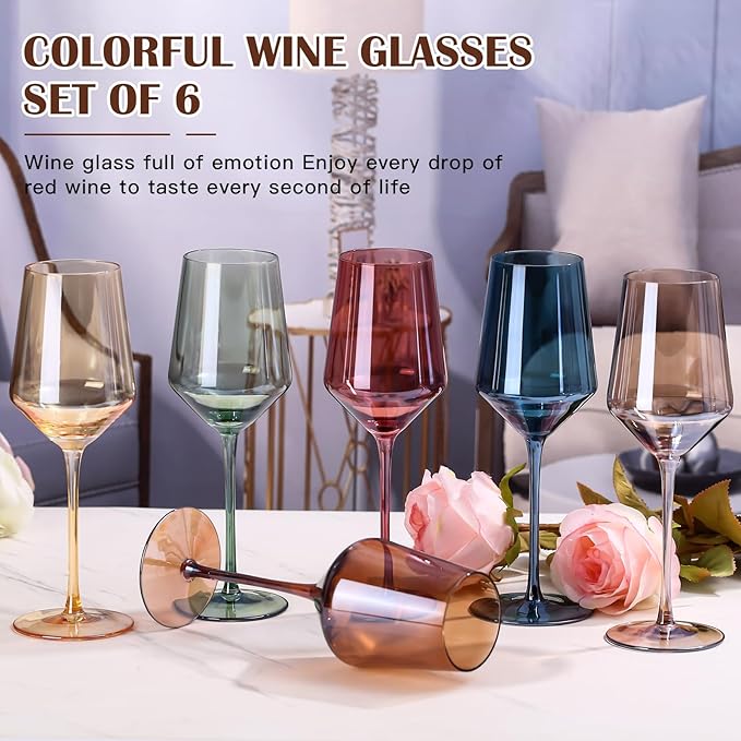 Colored Wine Glasses Set of 6-15oz Hand Blown Colored Crystal Red Wine Glasses with Stem for Party Bar