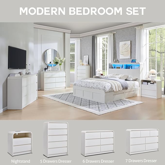 Modern 5 Drawers Dresser for Bedroom, 45" Tall Dressers & Chests of Drawers w/Curved Profile Design, Wood Mid Century Vertical Dresser w/Natural Texture for Bedroom, Living Room, Antique White